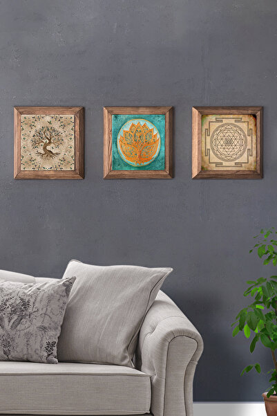 Oscar Stone Decor Masif (Ahşap) Çerçeveli 3'lü Set Taş Tablo Pano 28X28 cm Sri Yantra Lotus