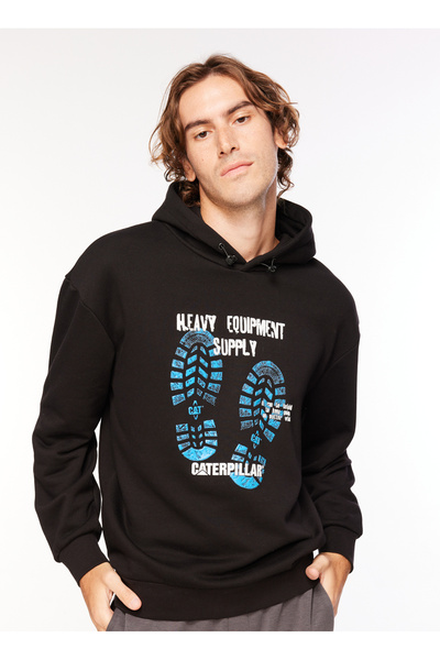 Caterpillar Siyah Erkek Kapüşonlu Loose Fit Baskılı Sweatshirt C3WM-SWT16