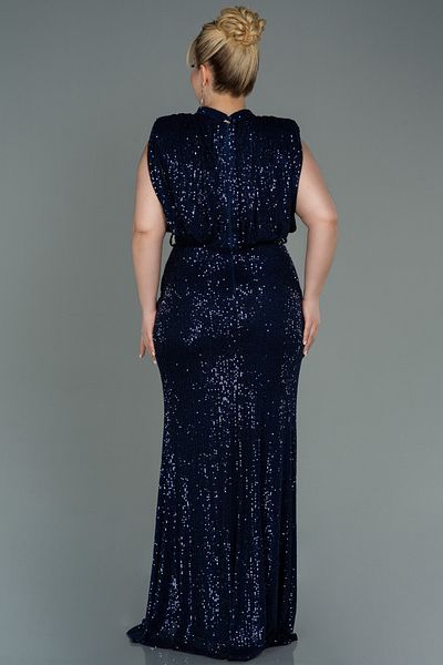 Abiyefon Navy Blue Stand Collar Slit Long Sequin Plus Size Evening Dress ABU3115