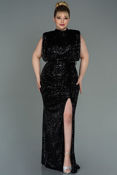 Abiyefon Black Stand Collar Slit Long Sequin Plus Size Evening Dress ABU3115