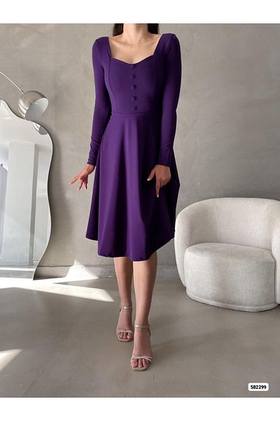 Masspera Sweetheart Neck Long Sleeve Button Design Midi Length Evening Dress