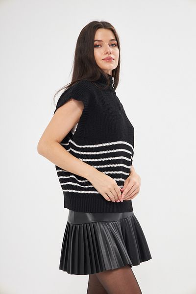 Eke Tekstil Black Zippered Striped Knitwear Sweater