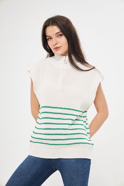 Eke Tekstil White Zippered Striped Knitwear Sweater