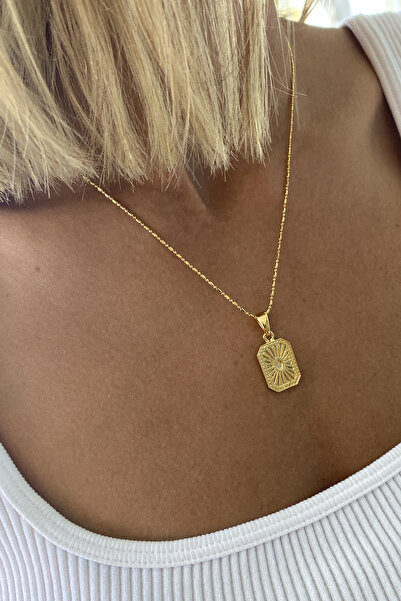 Bonnjerra Jewellery Tasarım Altın Kaplama Modern Zincir Desenli Plaka Kolye