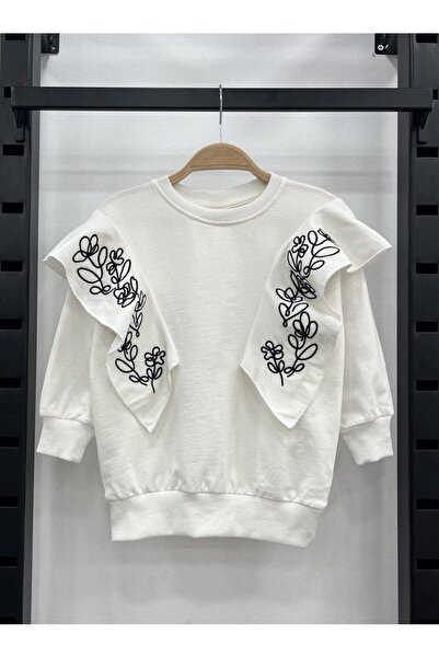 Lolliboomkids Hanorac tricotat cu broderie florală pentru fete, guler pentru păpuși, culoare ecru