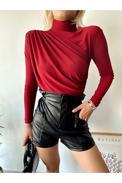schlank Women's Red Sandy Blouse - Stand Collar and Gather Detail