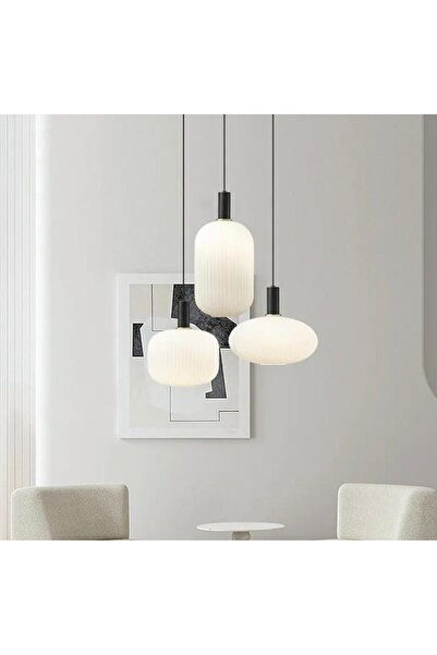 Rsylight Rustik Dekoratif Metal Modern Yuvarlak Siyah Beyaz Opal Camlı 3 lü A...