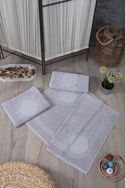 sarra طقم سجادات مطرزة من إيتامين مكون من 3 قطع - رمادي