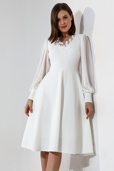 Moda MiraGül Şifon Kol Önü Simli Midi Elbise