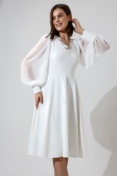 Moda MiraGül Şifon Kol Önü Simli Midi Elbise