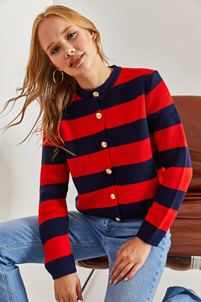 Bianco Lucci Női fémgombos vastag csíkos kötöttáru kardigán