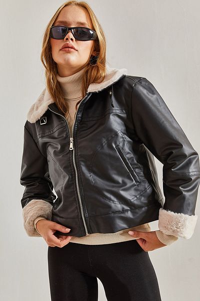 Bianco Lucci Women's Fur Lined Leather Coat with Buckled Collar