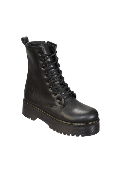 Yaz Kış Ayakkabı Yazkış Kadın Siyah Cilt 4cm Kalın Taban Bağcıklı Fermuarlı S...