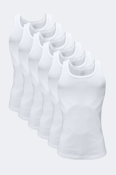 Malabadi Men's White 6-Pack 100% Cotton Rib Tank Top 6M034-E