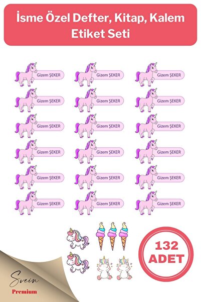 Genel Markalar Isme Özel Unicorn Sticker Isimlik Okul Defter Kitap Kalem Etik...