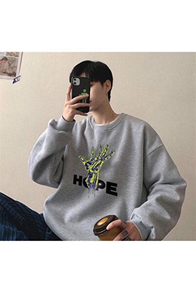 Touz Blunt Blunt Hope Hand Printed Gray Unisex Oversize Crew Neck Sweatshirt
