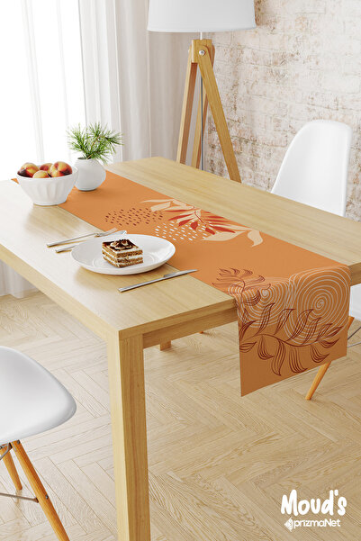 Moud's Turuncu Yapraklar Desenli Baskılı Süet Runner Masa Örtüsü