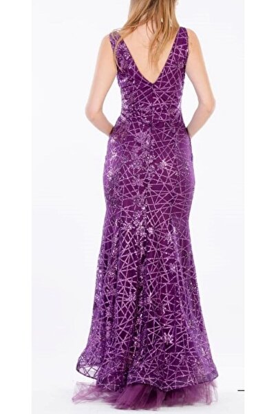 dükkan10butika Kadın Payetli Pullu Uzun Balık Model Abiye veya Mezuniyet ElbisesiMor