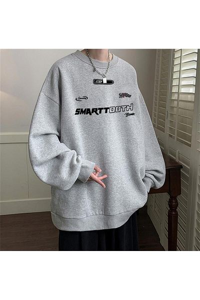 Touz Smarttooth Printed Unisex Grey Oversize Φούτερ - Crew Neck