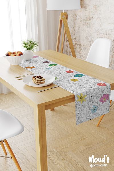 Moud's Flower Series Patterned Printed Suede Runner Table Cloth