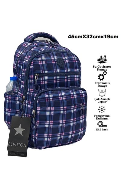 Bevitton Satin Waterproof Fabric Plaid Navy Blue Unisex School Backpack A3113