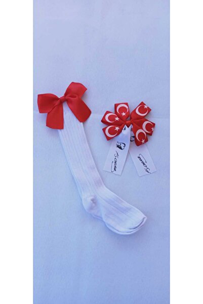 Sare Çocuk Giyim Girl's White Knee-Cuff Socks Set with Crescent and Star Ribbon Buckle