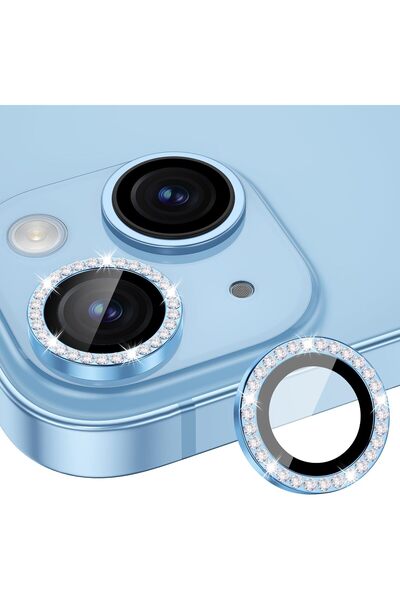 EDELFU iPhone 15 / iPhone 15 Plus Mavi Taşlı Kamera Lens Koruyucu, Çiziğe ve ...