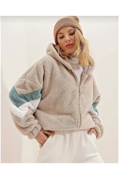 machiavelli Cardigan de pluș pentru femei, bej, cu cu glugă fermoar și talie elastică