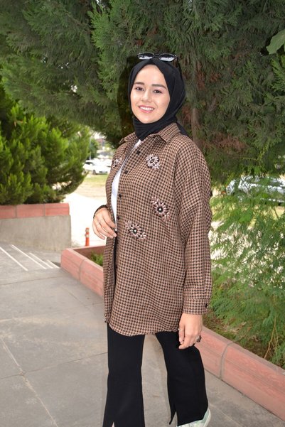 ASELA. Oversize Kaz Ayağı Desen Işlemeli Oduncu Tesettür Gömlek Tunik