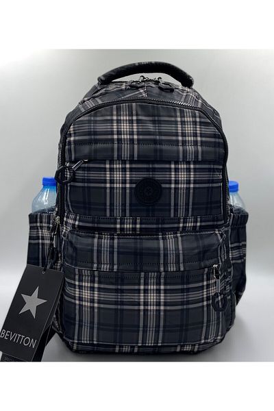Bevitton Satin Waterproof Fabric Unisex Plaid Black School Backpack 20289