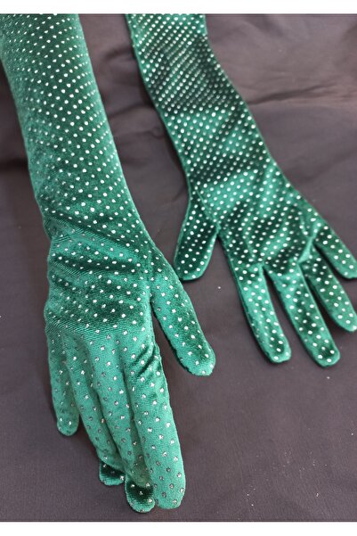es moda shop Elisa ışıltılı kadife opera eldiveni dirsek boy zümrüt-gümüş