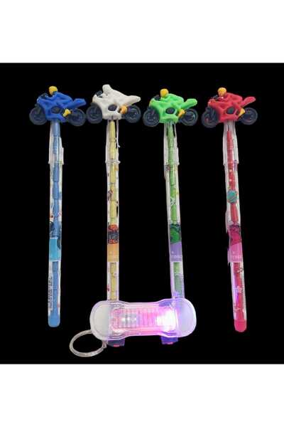 sevgi kırtasiye Yumurtlayan Kurşun Kalem Seti 4 Lü Set Motorsiklet Figürlü Başlıklı Işıklı Anahtarlık Hediyeli