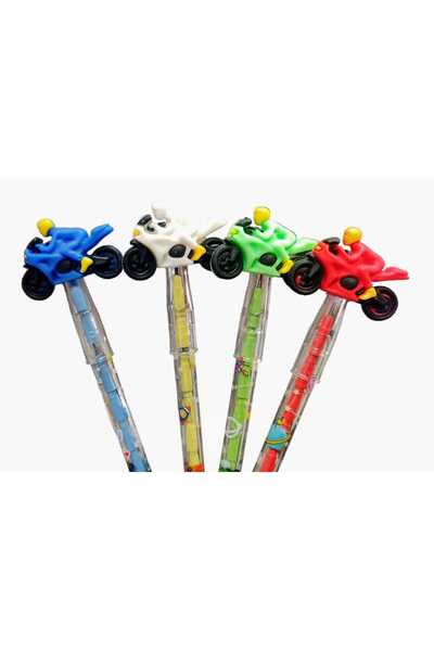 sevgi kırtasiye Yumurtlayan Kurşun Kalem Seti 4 Lü Set Motorsiklet Figürlü Başlıklı Işıklı Anahtarlık Hediyeli