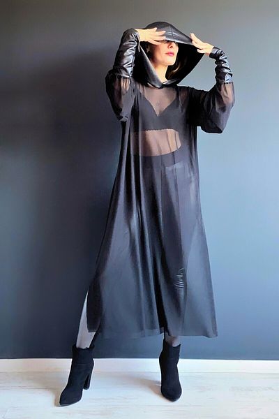 Quincey LEATHER HOODED AND CUFFED MAXI SLIT TUNIC