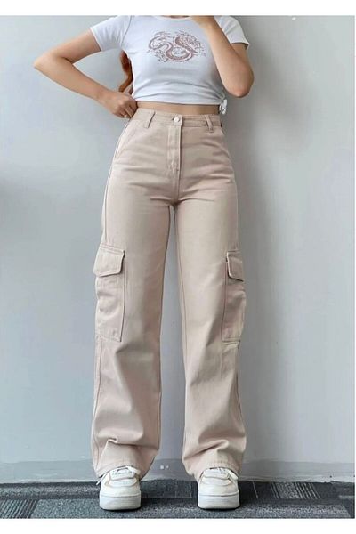 LAMİRAMOOD Beige Cargo Pocket Trousers Wide Leg Poseidon