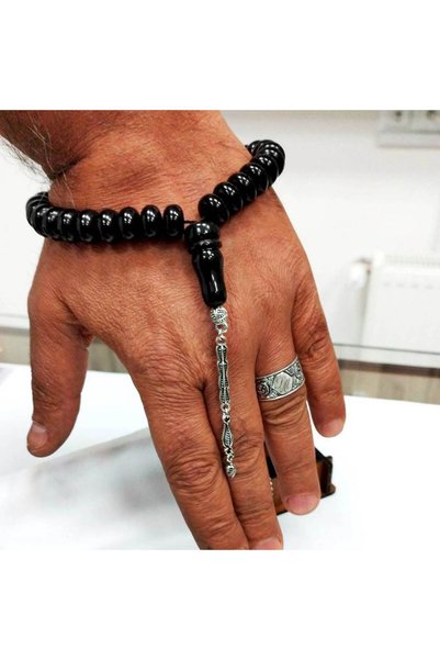OltutaşıMarket Wrist Length Wheel Cut Georgia Oltu Stone Rosary 12 x 7 mm