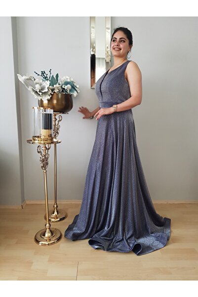 FERGAN KADIN GÜMÜŞ GRİ SİMLİ KLOŞ BÜYÜK BEDEN ABİYE ELBİSE