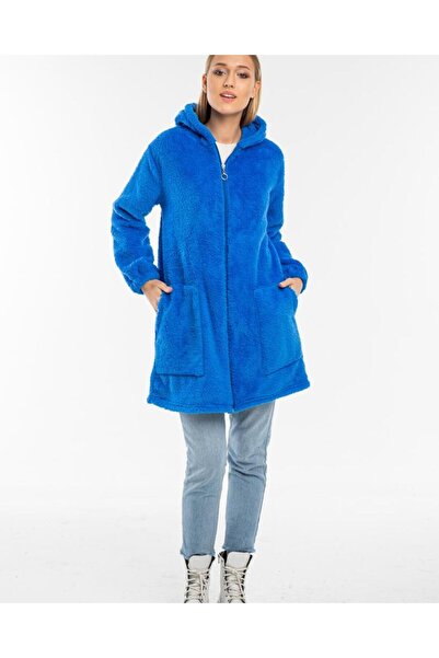 MODA VUSLAT Kadın Saks Mavisi Uzun Polar Hırka