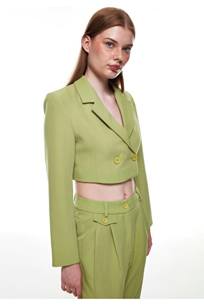Elizar Moda Yeşil Kruvaze Crop Ceket