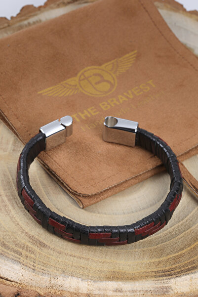 MRHERO Mh036 Erkek Bordo Hasır Örgü Hakiki El Yapımı Deri Bileklik