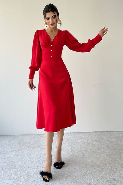 lovebox Cotton Atlas Fabric Button Detail V-Neck Long Balloon Sleeve Midi Length Red Evening Dress 174