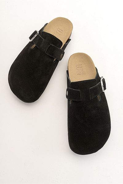 LuviShoes Γυναικείες παντόφλες GONS Μαύρες Δερμάτινες Σουέντ