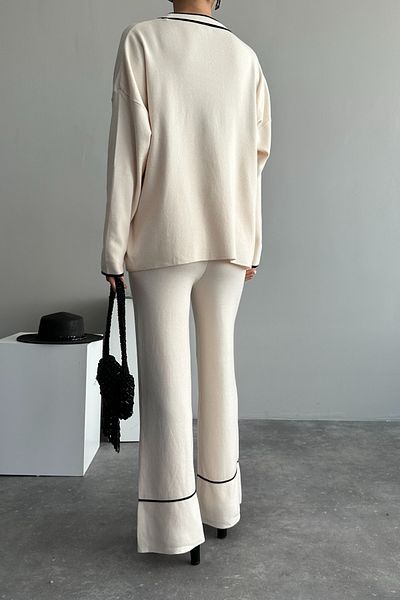 LOOSH Set de tricotaje pentru femei, crem, cu nasturi aurii, cardigan cu dungi cu picioare late, pantaloni cu talie înaltă