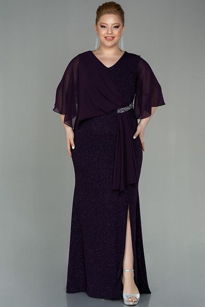 Abiyefon Purple Short Sleeve Long Glitter Plus Size Evening Dress Abu2857