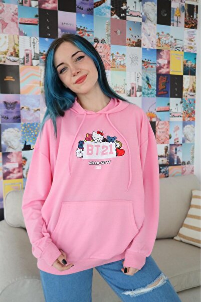Gofeel BT21 HELLO KİTY PEMBE SWEAT Sweathsirt 3 iplik Hoodie GOFEEL
