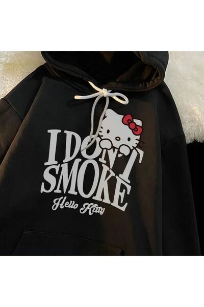 Gofeel I DONT SMOKE KİTTY SWEAT SİYAH Sweathsirt 3 iplik Şardonlu StreetWear ...