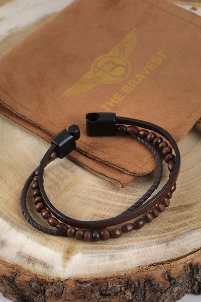 MRHERO Mh011 Unisex Brown Beaded 100% Genuine Leather Rope Handmade Leather Bracelet