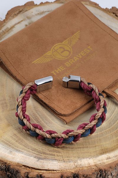 MRHERO Mh028 Men's Burgundy Blue Rope And Genuine Leather Mixed Braid Handmade Leather Bracelet