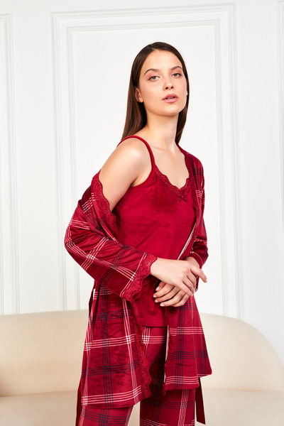 Ecrou Σετ πιτζάμες 3 τεμαχίων με μαλακό βελούδινο καρό μπορντό με μανίκια τριών τετάρτων και λουράκια