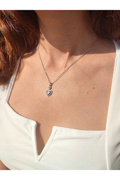 Evorya Kadın 316l Paslanmaz Çelik Gümüş Taşlı Kalp Kolye